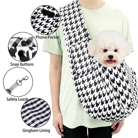 Japanese Style Large Capacity Pet Sling Carrier Bag Portable Foldable Houndstooth Checkered Cat Dog Crossbody Travel Bag