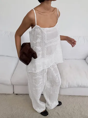 Women Casual Polyester Hollow Out Embroidery Camisole Top And Wide Leg Pants Two Piece Set Summer White Relaxed Pajama Set