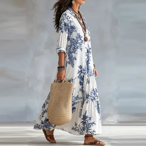Robe Longue de Style Bohème à Imprimé Floral Pour Femmes Manches Longues Col Rabattu Boutonnée Ourlet à Étages Robe Décontractée