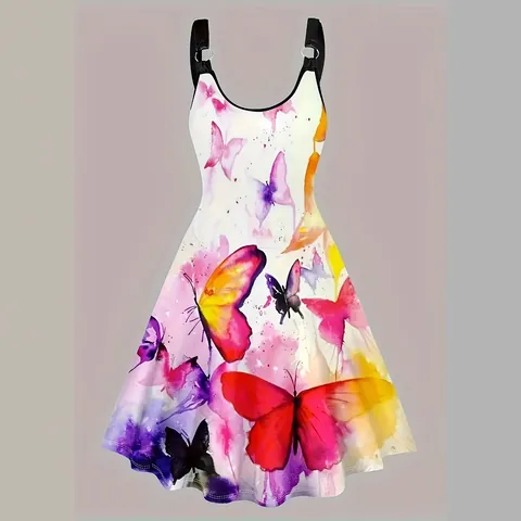 Robe Camisole Sexy Pour Femme Avec Impression 3D Papillon Été Sans Manches Ligne A Robe Midi Polyester Spandex