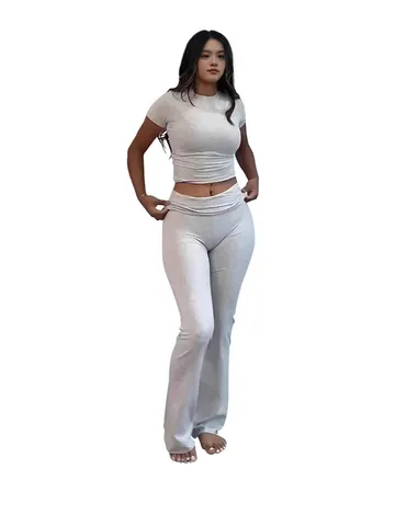 Women Short Sleeve Round Neck Crop Top And Flare Pants Sports Outfit Soft Polyester Spandex Leisure Exercise Yoga Suit