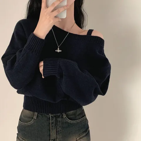 Maglione Donna in Maglia Larga con Spalla Scoperta Stile Vintage Coreano Top a Manica Lunga in Poliestere Tinta Unita