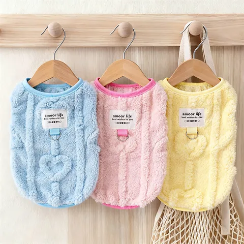 Pet Dog Cat Autumn Winter Fleece Vest Warm Heart Pattern Sleeveless Padded Apparel With Leash D-Ring For Small Medium Pets