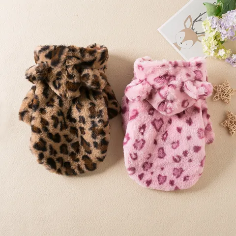 Leopard Print Thickened Pet Jacket Faux Fur Hooded Coat For Small Medium Dogs Cats Warm Winter Apparel Frenchie Teddy Clothes