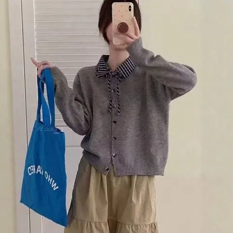 Mujer Estilo Coreano Cuello Camisero Cordones Cárdigan de Punto Color de Contraste Suéter Corto para Casual