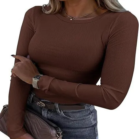 Maglietta da Donna Casual a Costine Vestibilità Aderente Poliestere Spandex Girocollo Top Basic per Moda Autunnale Quotidiana