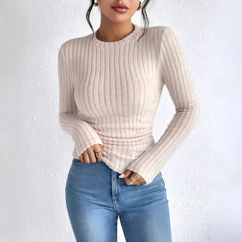 Maglietta da Donna Casual a Costine a Maniche Lunghe con Girocollo Vestibilità Aderente Tinta Unita Autunno Inverno Top