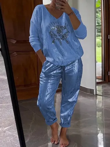Elegant Polyester Eye Pattern Printed Sequin Top And Bottom V-Neck Long Sleeve Casual Set For Women Pants Suit Outfits