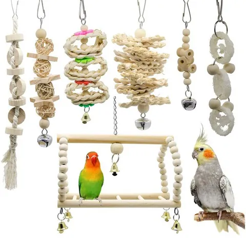 Natural Wood Parrot Toy Set Hanging Swing Ladder Perch With Metal Bells For Parakeet Cockatiel Bird Cage Accessories Wood