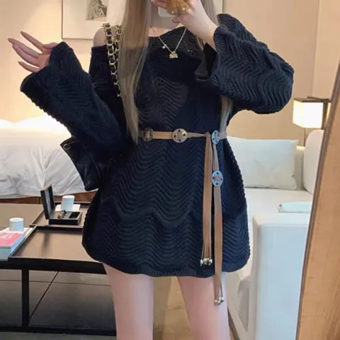 Top de Punto Calado de Fibra de Acetato y Acrílico para Mujer Jersey de Punto Ondulado de Moda Manga Larga Con Cinturón