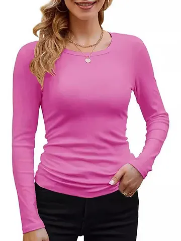 Maglietta da Donna Girocollo a Maniche Lunghe in Maglia a Costine Slim Fit Tinta Unita Basic Casual