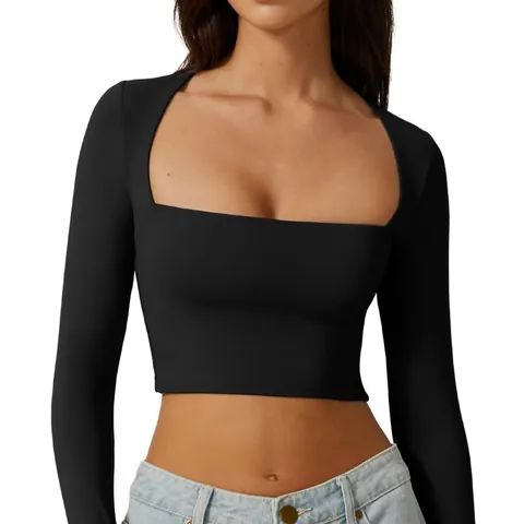 Top Femme Polyester Minimaliste Encolure Carrée Manches Longues Crop Top Coupe Ajustée T-Shirt Tricoté Mode Automne Décontracté Couleur Unie
