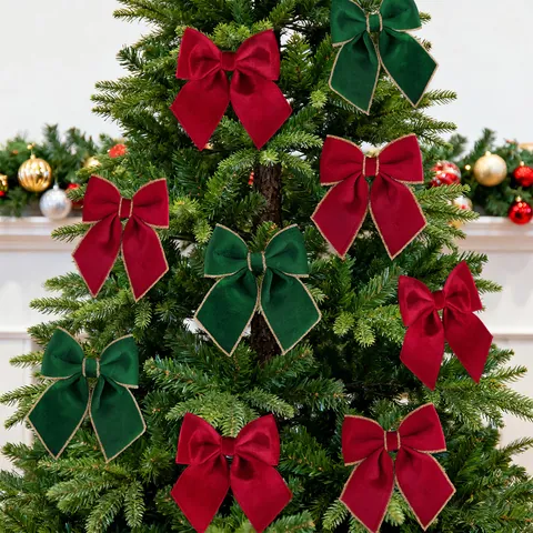 Velvet Christmas Tree Bow Ornaments Gold Edge Ribbon Bows For Wreath Gift Box Hanging Decor Red Green Holiday Supplies