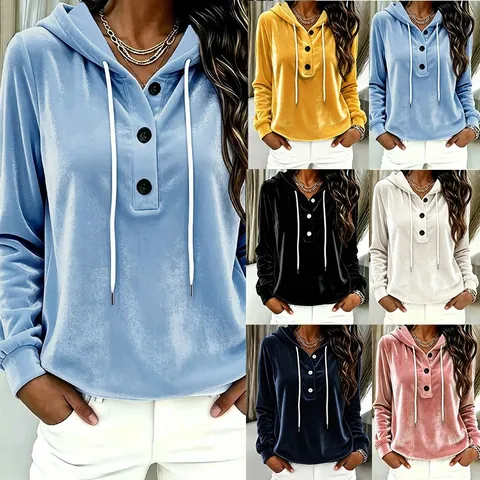Women Casual Velour Hooded Sweatshirt Loose V Neck Drawstring Pullover Velvet Top Solid Color Long Sleeve Fashion Apparel