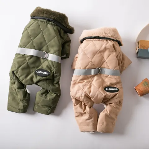 Thicken Fleece Dog Winter Coat With Fur Collar Reflective Harness Strap Quilted Padded Pet Four-legged Jumpsuit Small Dogs Apparel