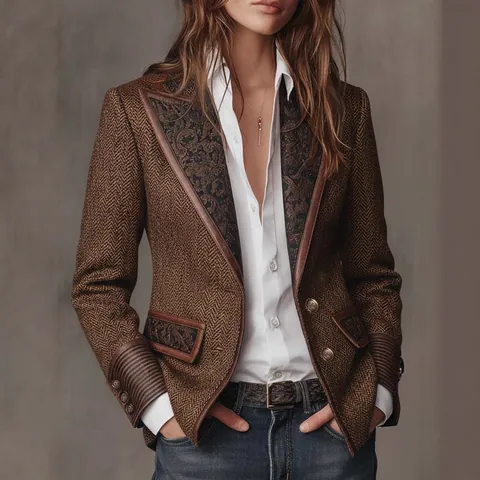 Women French Vintage Herringbone Polyester Wool Coat Splicing Paisley Contrast Notch Lapel Thickened Mid Length Autumn Winter Elegant Outerwear
