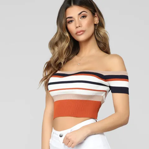 Women Sexy Off The Shoulder Striped Crop Top Ribbed Knit Slim Fit Backless Short Sleeve T-Shirt Summer Beach Casual Top