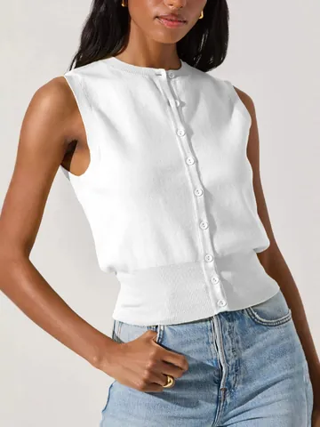 Women's Sexy Knit Tank Top Button Front Sleeveless Ribbed Hem Solid Color Knitted Vest Casual Slim Fit Summer Top