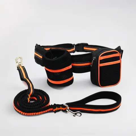 Hands-Free Dog Leash With Waist Bag Reflective Nylon Bungee Pet Leash Set For Running Jogging Walking Training Adjustable Waist Belt