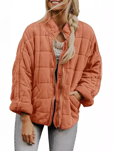 Women's Solid Color Stand Collar Cotton Padded Jacket Loose Zip Up Quilted Jacket Casual Long Sleeve Puffer Coat Top