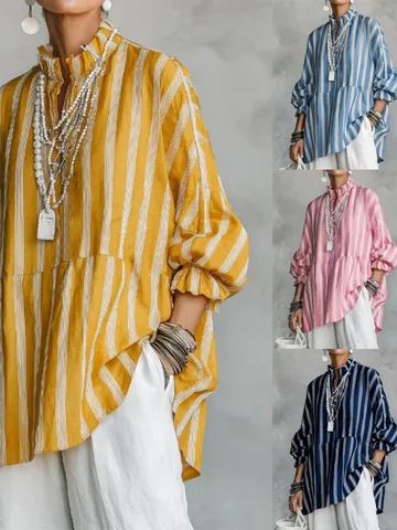 Women Casual Striped Blouse Polyester Lantern Sleeve Stand Collar Ruffled Top Loose Vintage Office Shirt For Autumn