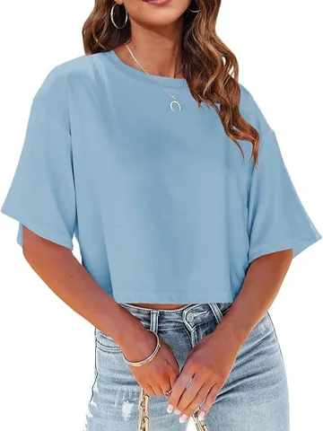 Women's Casual Cropped T-Shirt Polyester Rayon Spandex Loose Crew Neck Short Sleeve Top Basic Solid Color Summer Tee