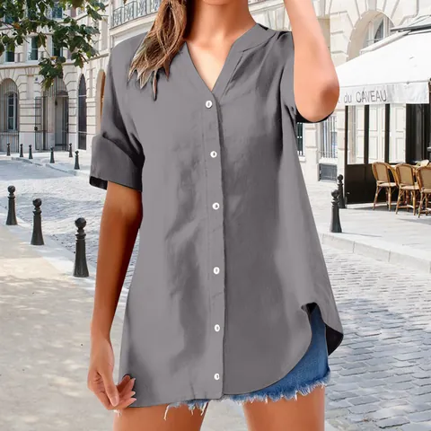 Dames Casual Katoen Linnen Top Korte Mouw Opstaande Kraag Knoopsluiting Effen Kleur Losse Blouse Overhemd Vakantie Dagelijks