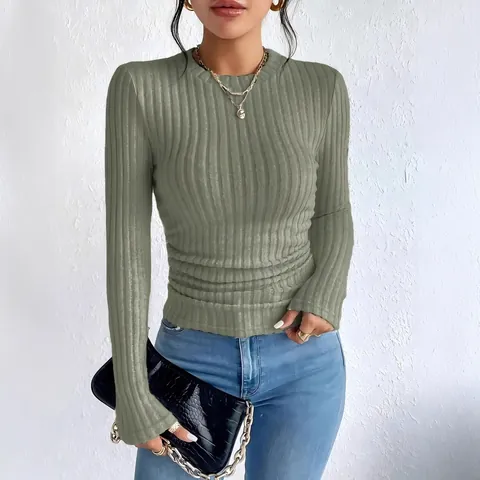 Maglietta da Donna Casual a Costine a Maniche Lunghe con Girocollo Vestibilità Aderente Tinta Unita Autunno Inverno Top