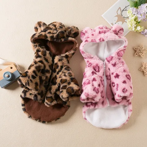 Leopard Print Thickened Pet Jacket Faux Fur Hooded Coat For Small Medium Dogs Cats Warm Winter Apparel Frenchie Teddy Clothes