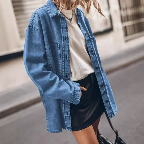 Women Vintage Oversized Denim Shirt Retro Washed Cotton Button Down Blouse With Big Pockets Casual Long Sleeve Top