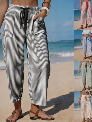 Women Striped Casual Pants High Waist Drawstring Beach Trousers With Pockets Ankle Length Polyester Linen Look Loose Summer Bottoms