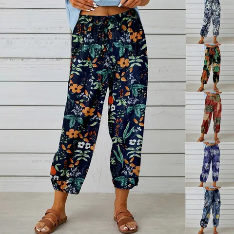 Women Vintage Floral Print High Waist Drawstring Cropped Pants Casual Cotton Linen Blend Tapered Bottoms Jogger Trousers