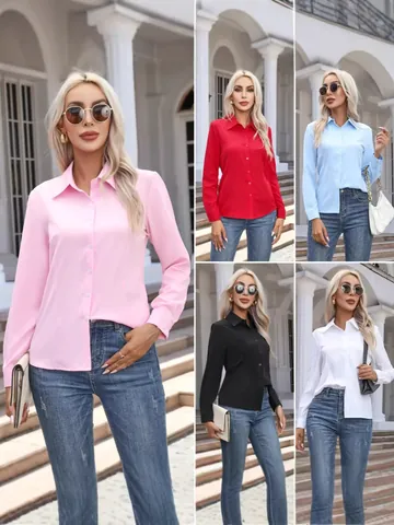 Women's Casual Long Sleeve Button Down Shirt Lapel Solid Color Blouse Fashion Office Commuting Polyester Woven Top