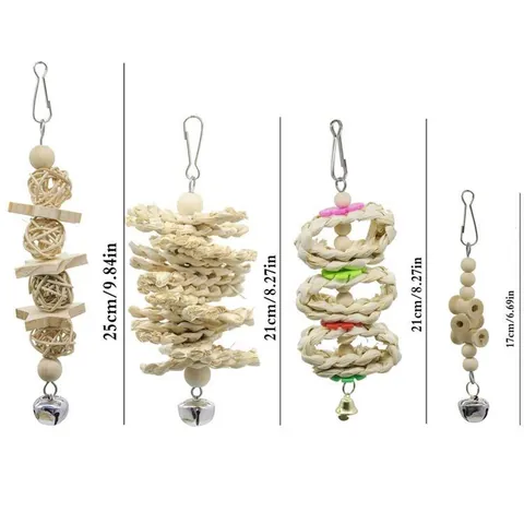 Natural Wood Parrot Toy Set Hanging Swing Ladder Perch With Metal Bells For Parakeet Cockatiel Bird Cage Accessories Wood