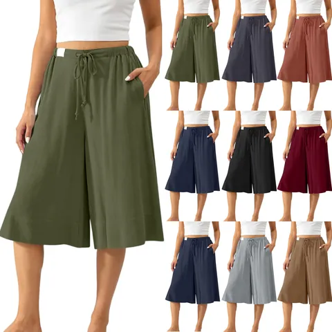 Women Casual Wide Leg Capri Pants Cotton Blend Drawstring Elastic Waist Culottes High Waist Loose Summer Beach Fashion Bottom