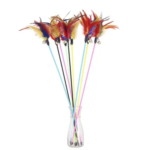 Bacchetta Giocattolo Interattiva per Gatti Con Piume Colorate e Campanello Asta Nera in Plastica per Gattini Gioco Alleviare la Noia