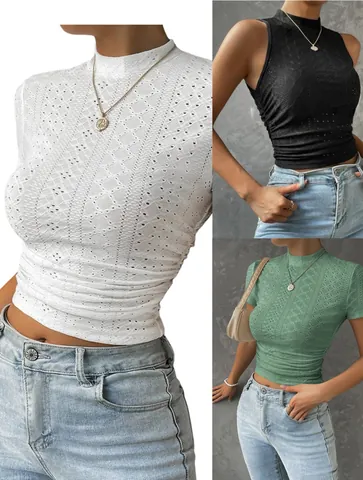 Γυναικείο Mock Neck Δίχτυ Ζακάρ Crop Top Σέξι Διάτρητο με Σούρες Αμάνικο Tank Top Κοντομάνικο Πολυεστέρα Στενή Εφαρμογή