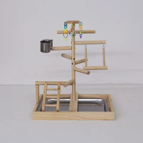 Soporte de Madera para Loros Plataforma de Entrenamiento con Tazas de Acero Inoxidable Escalera Columpio para Aves