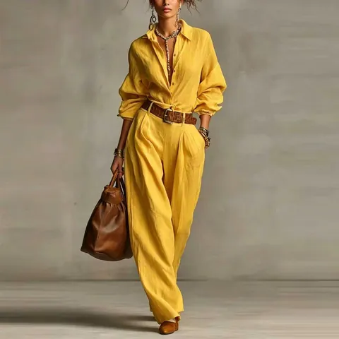 Ensemble Haut Et Bas Femme Couleur Unie Chemise Manches Longues Et Pantalon Jambe Large Décontracté Décor Bouton Poche Tenue Bureau Quotidien
