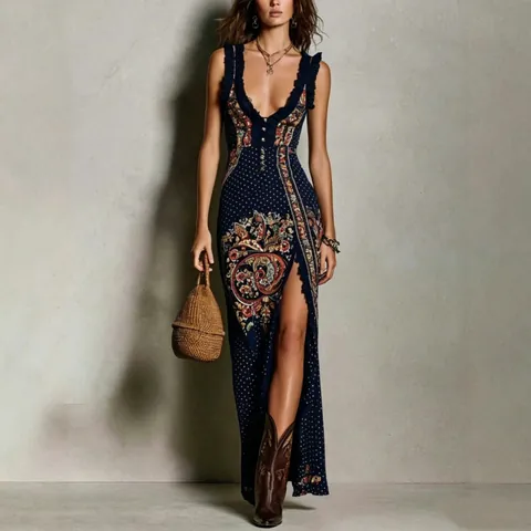 Böhmisches Paisley Blumenmuster Maxi Kleid Für Damen Ärmellos V-Ausschnitt Schlitz Rüschen Patchwork Polyester Langes Sommerurlaub Kleid