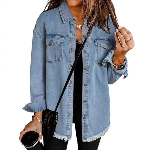 Women Frayed Hem Washed Denim Shirt Jacket Long Sleeve Distressed Button Down Streetwear Cotton Blend Outerwear Top Coat