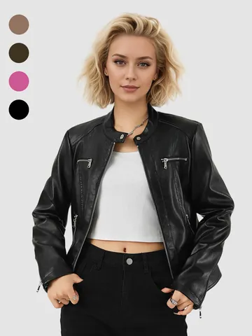 Dames Slim Fit Kunstleer Moto Jas Opstaande Kraag Biker Jas Met Ritszakken Lange Mouw Casual Bovenkleding Voor Dames