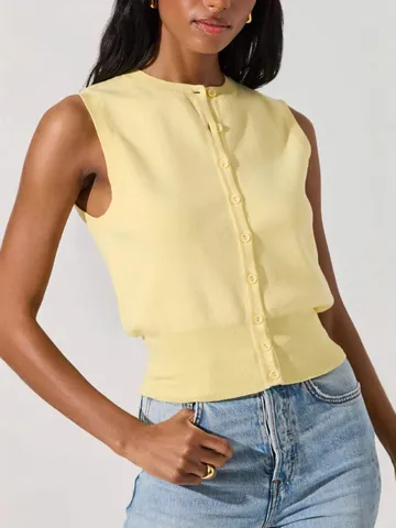 Women's Sexy Knit Tank Top Button Front Sleeveless Ribbed Hem Solid Color Knitted Vest Casual Slim Fit Summer Top