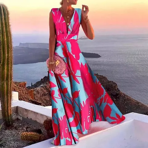 Damen Französischer Stil Tiefer V-Ausschnitt Ärmellos Maxikleid Polyester Floral Geometrischer Druck Sommer Strand Party Kleid