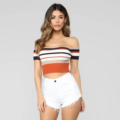 Women Sexy Off The Shoulder Striped Crop Top Ribbed Knit Slim Fit Backless Short Sleeve T-Shirt Summer Beach Casual Top