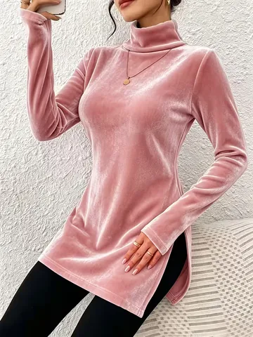 Women Elegant Velvet High Neck Pullover Long Sleeve Side Slit Slim Fit Bottoming Top Solid Color Comfortable Office Lady Apparel