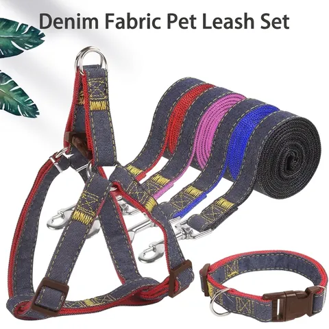 Adjustable Denim Pet Leash Harness Collar Set Contrast Stitching For Small Medium Large Dogs Outdoor Walking Heavy Duty Durable Pet Supplies