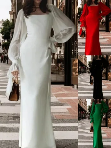 Women Elegant Square Neck Long Sleeve Mermaid Wedding Dress Slim Fit Floor Length Evening Gown Trailing Party Dress