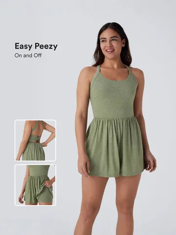 Women Sleeveless Halter Romper Backless Twist Knot Drawstring Elastic Waist Casual Exercise Dress With Built-in Shorts Sexy Halter Neck Jumpsuit