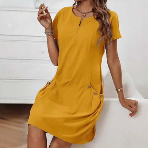 Women Casual Cotton Linen Short Sleeve Dress Zipper V Neck Midi Dress With Pockets Summer Solid Color Loose Fit Tunic Dress